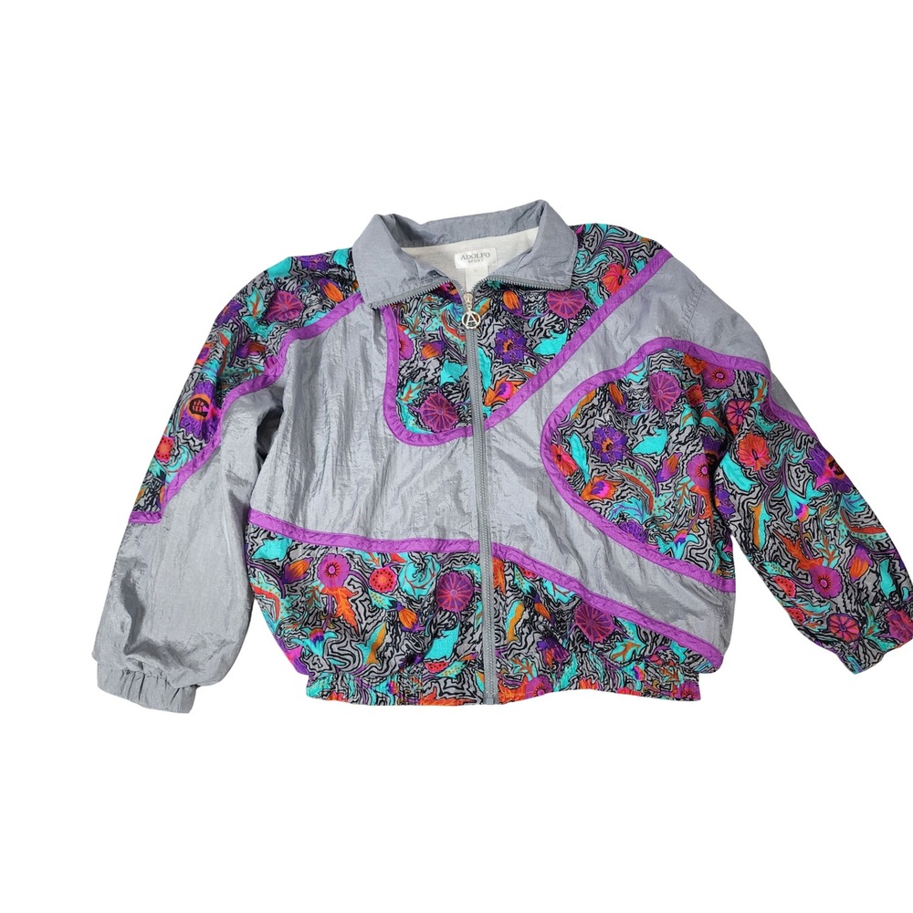 Adolfo Sport Vintage 90s Retro Windbreaker Jacket Silver‎ Floral Abstract Zip M
